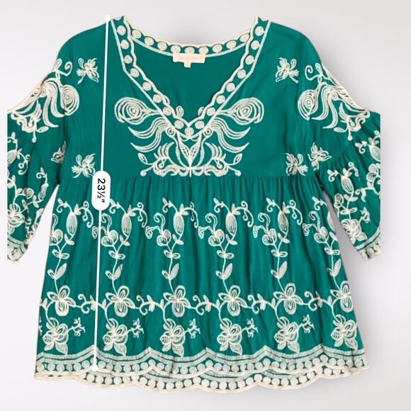 Solitaire Boho Emerald Green Embroidered Floral Cold Shoulder Top Size M Boho‎ - Picture 5 of 9
